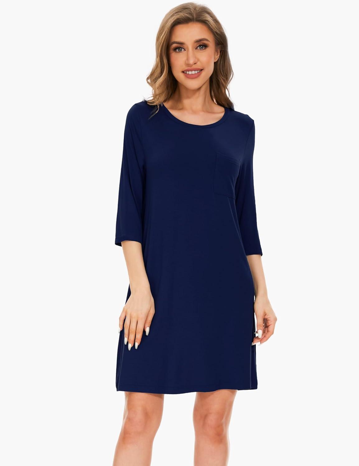 imageGYS Womens Bamboo Viscose Nightgowns Crewneck 34 Sleeve Sleepwear Comfy Night Shirt Sleep DressNavy
