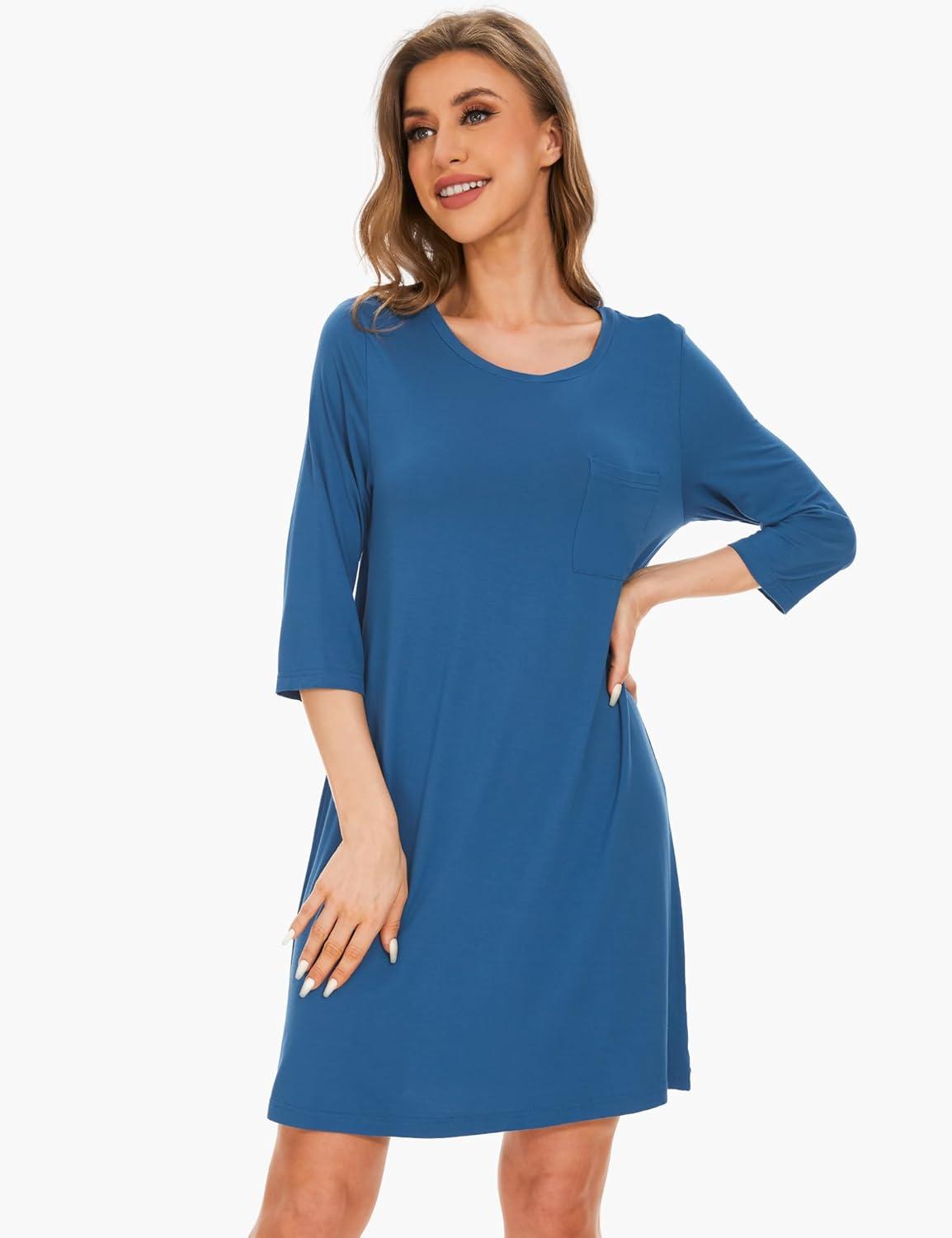 imageGYS Womens Bamboo Viscose Nightgowns Crewneck 34 Sleeve Sleepwear Comfy Night Shirt Sleep DressPrussian Blue