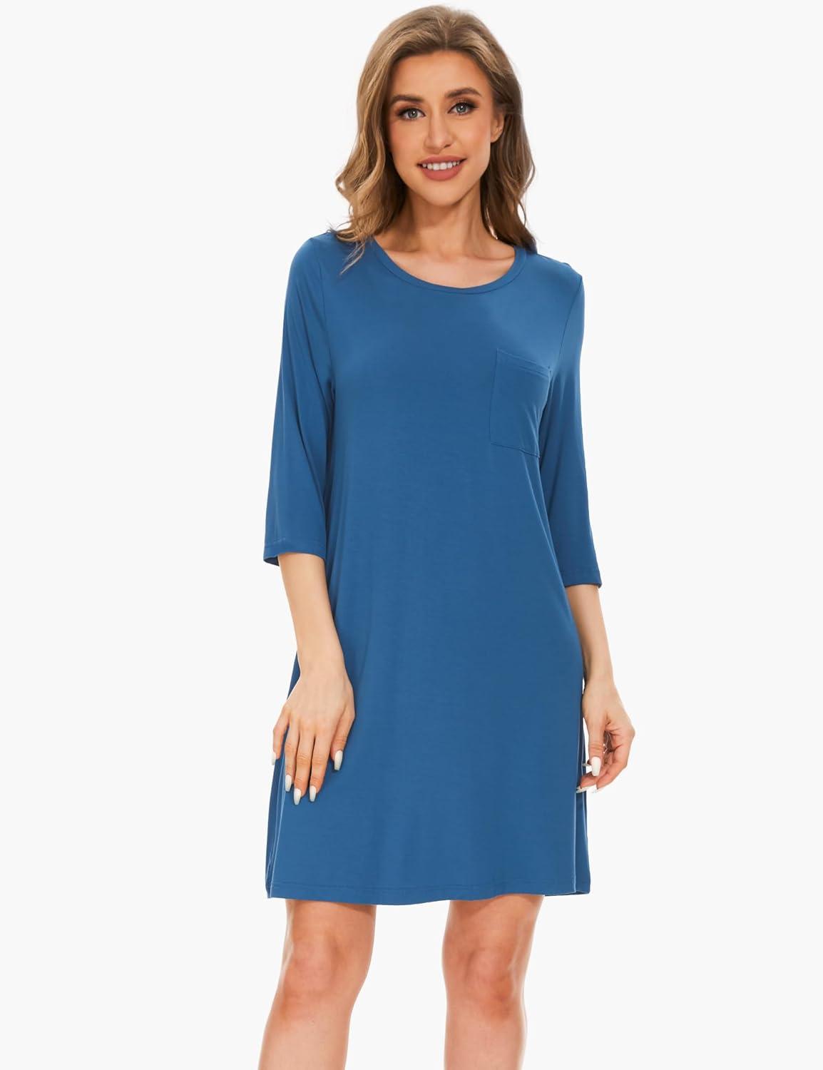 imageGYS Womens Bamboo Viscose Nightgowns Crewneck 34 Sleeve Sleepwear Comfy Night Shirt Sleep DressPrussian Blue