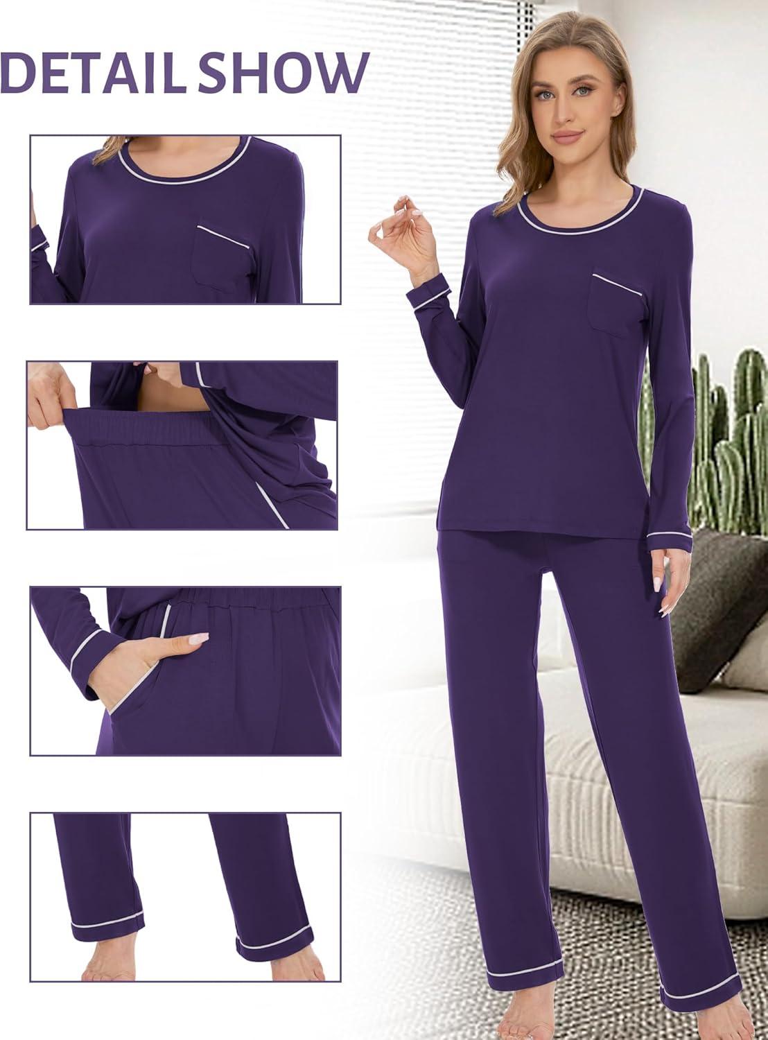 imageGYS Womens Bamboo Viscose Pajamas Set Long Sleeve Crew Neck Sleepwear Super Soft Pjs Lounge SetsPurple