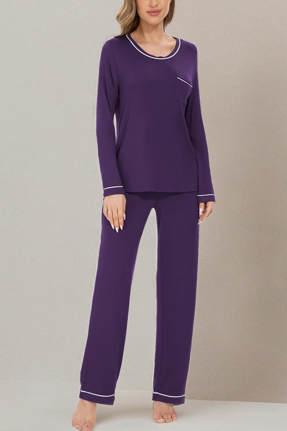 imageGYS Womens Bamboo Viscose Pajamas Set Long Sleeve Crew Neck Sleepwear Super Soft Pjs Lounge SetsPurple
