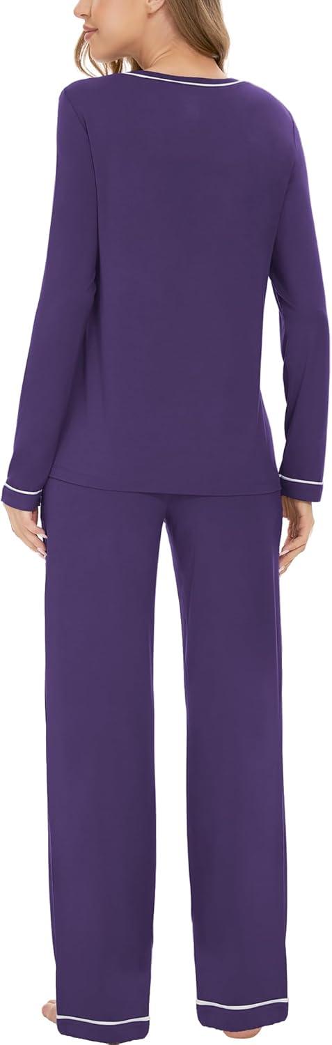 imageGYS Womens Bamboo Viscose Pajamas Set Long Sleeve Crew Neck Sleepwear Super Soft Pjs Lounge SetsPurple