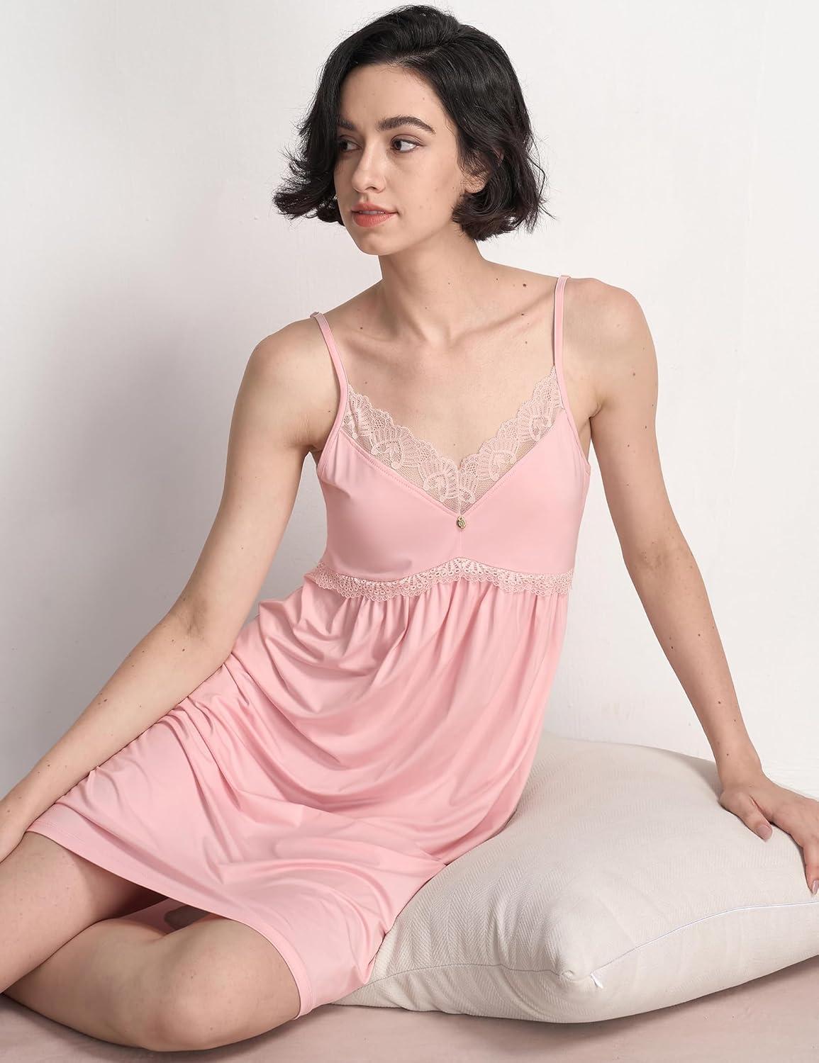 imageGYS Womens Full Slips Soft Bamboo Viscose Adjustable Spaghetti Straps Sleeveless NightgownsPink