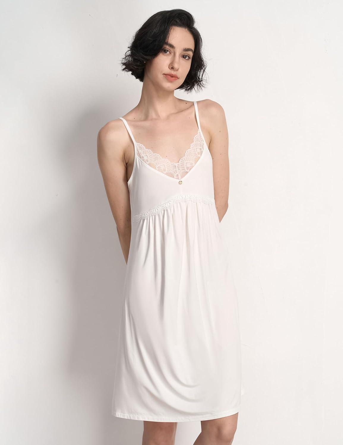 imageGYS Womens Full Slips Soft Bamboo Viscose Adjustable Spaghetti Straps Sleeveless NightgownsWhite