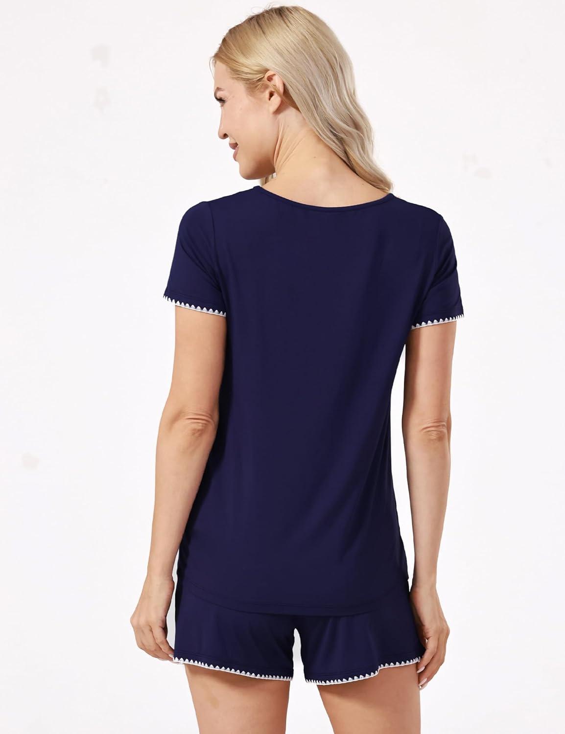 imageGYS Womens Pajama Sets Bambooderived Viscose Short Sleeve 2Piece Soft Summer Sleep SetNavy