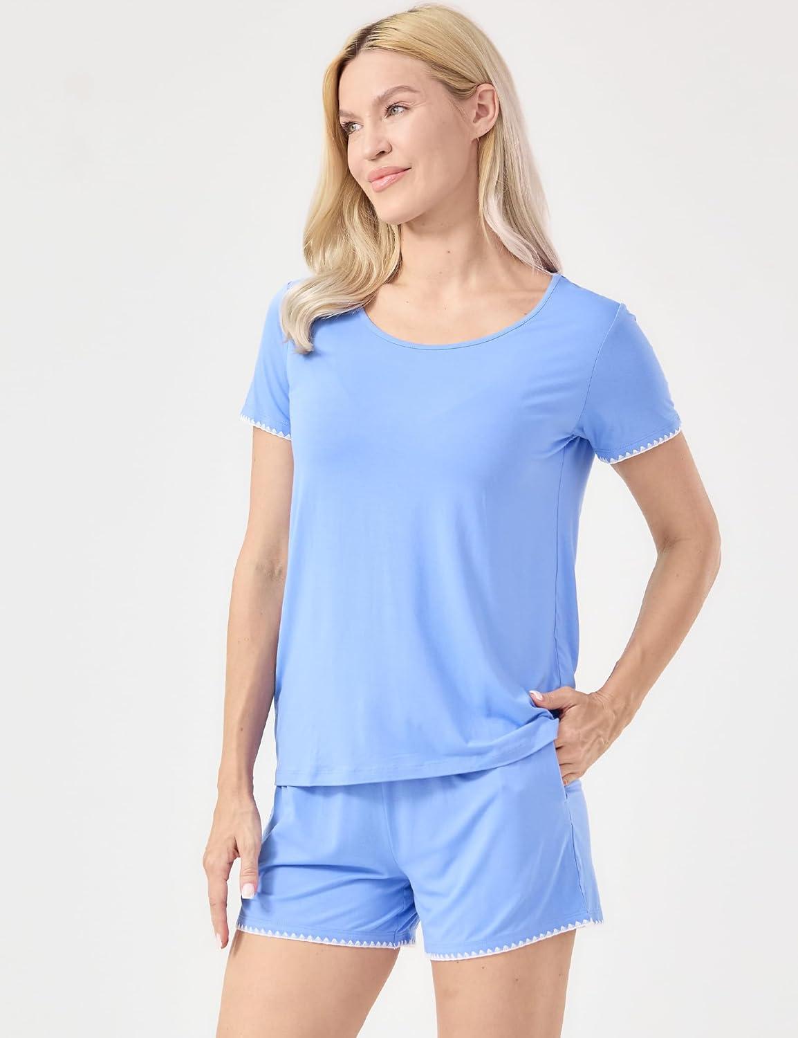 imageGYS Womens Pajama Sets Bambooderived Viscose Short Sleeve 2Piece Soft Summer Sleep SetSky Blue