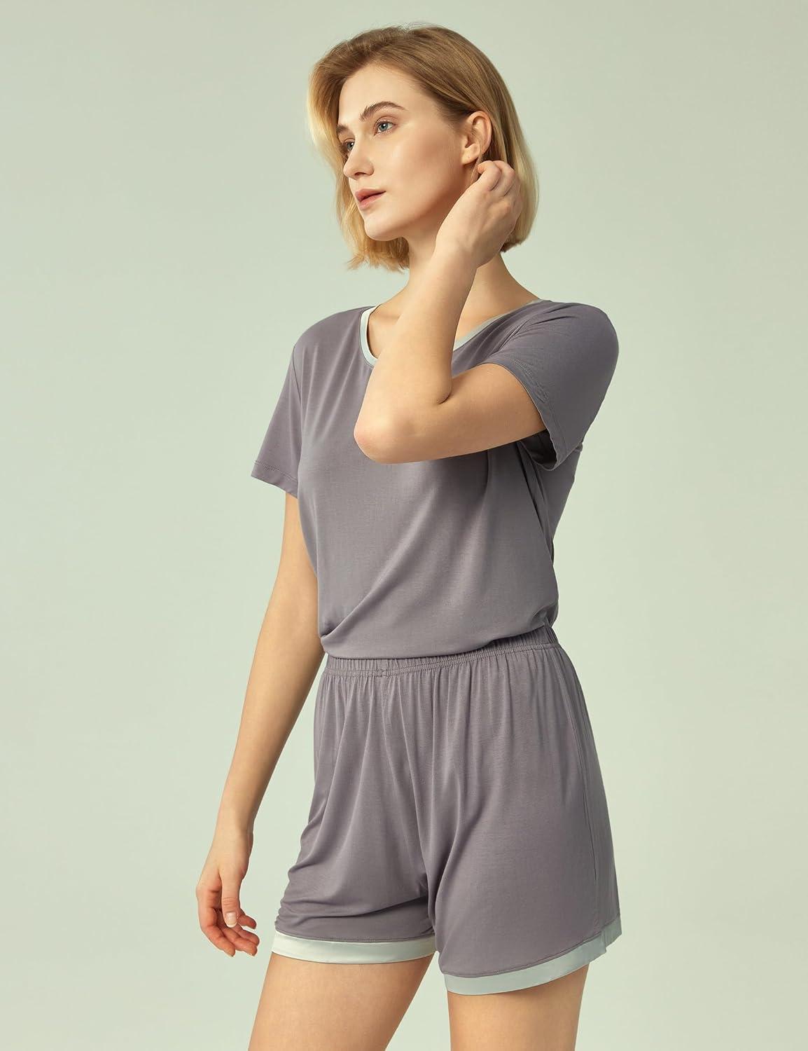 imageGYS Womens Pajama Sets Short Sleeve Soft Sleepwear Tops and Shorts Pjs Bamboo Viscose LoungewearDark Grey
