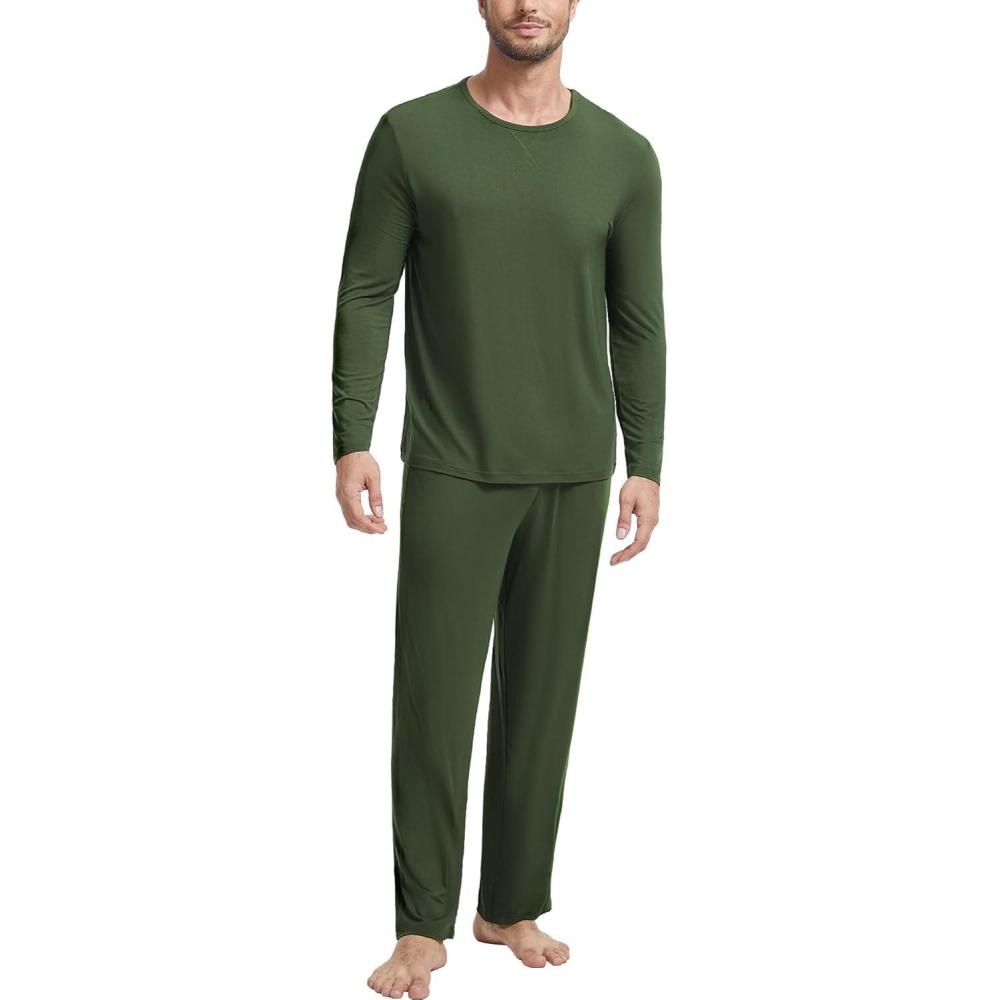 imageGYS Bamboo Viscose Mens Pajama Sets Long Sleeve Crew Neck Lounge Set with PocketsArmy Green