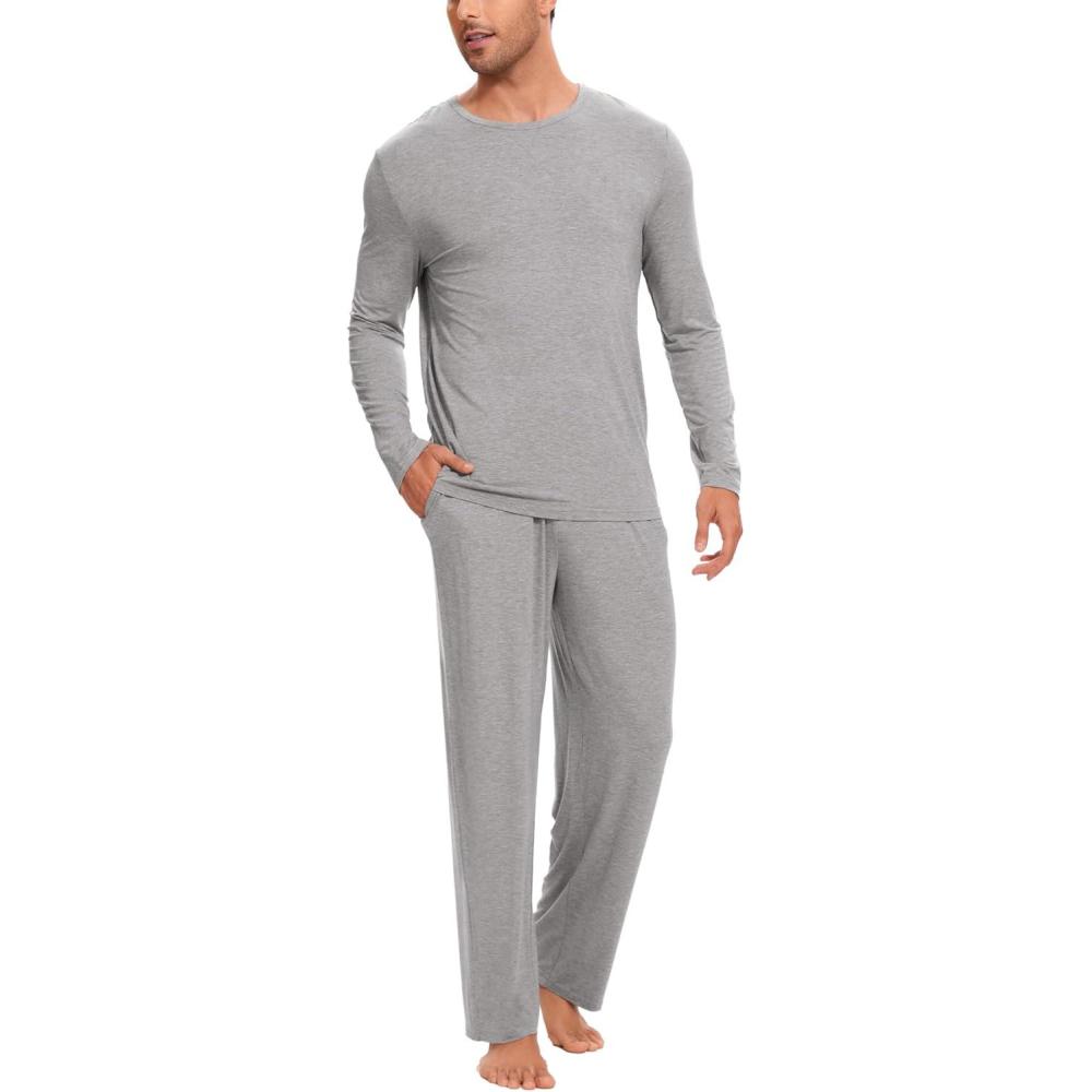imageGYS Bamboo Viscose Mens Pajama Sets Long Sleeve Crew Neck Lounge Set with PocketsHeather Grey