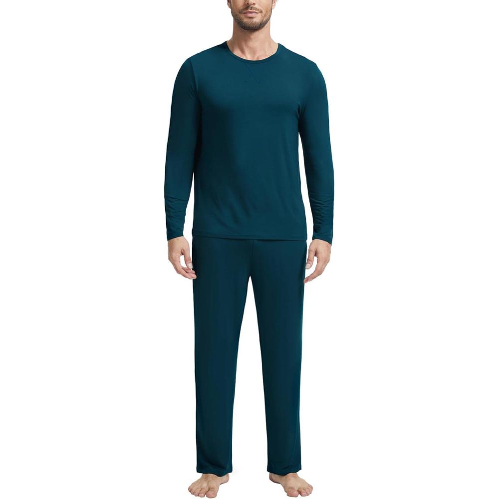 imageGYS Bamboo Viscose Mens Pajama Sets Long Sleeve Crew Neck Lounge Set with PocketsIndigo