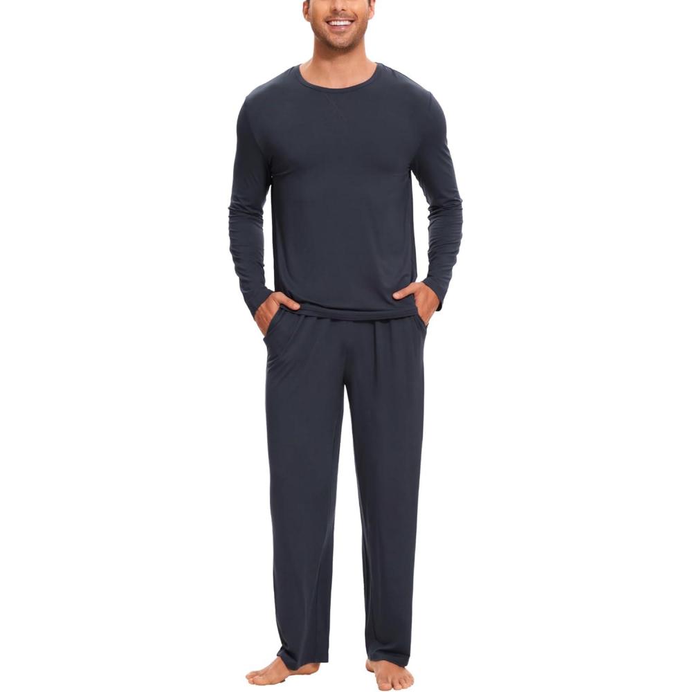 imageGYS Bamboo Viscose Mens Pajama Sets Long Sleeve Crew Neck Lounge Set with PocketsMidnight Blue
