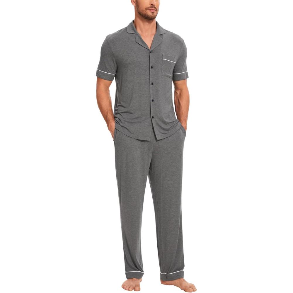 imageGYS Bamboo Viscose Mens Pajama Sets Short Sleeve Notch Collar Lounge Set with PocketsDark Heather Grey