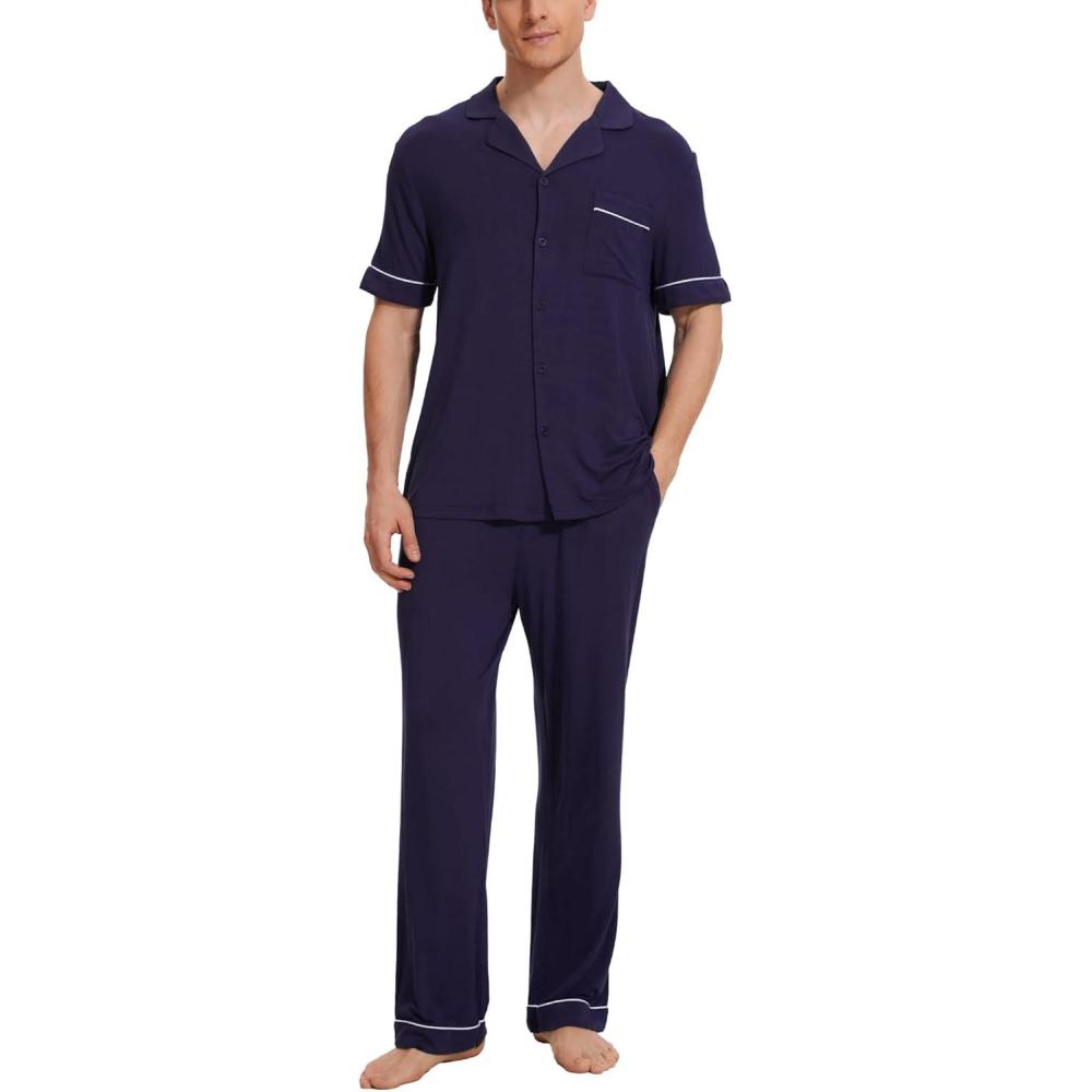 imageGYS Bamboo Viscose Mens Pajama Sets Short Sleeve Notch Collar Lounge Set with PocketsNavy