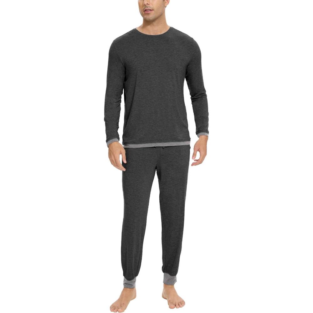 imageGYS Bamboo Viscose Mens Pajama Sets Soft Long Sleeve Lounge Set with PocketsBlack Melange