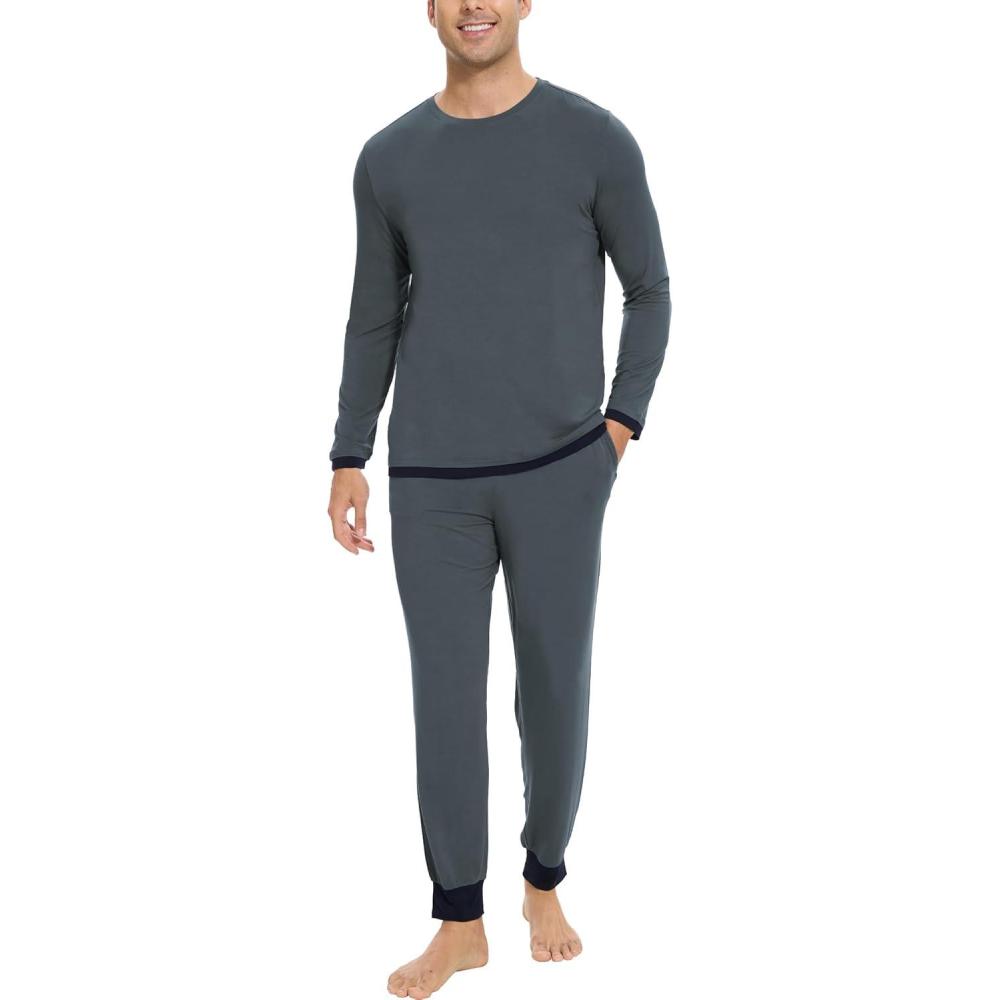 imageGYS Bamboo Viscose Mens Pajama Sets Soft Long Sleeve Lounge Set with PocketsGrayish Blue