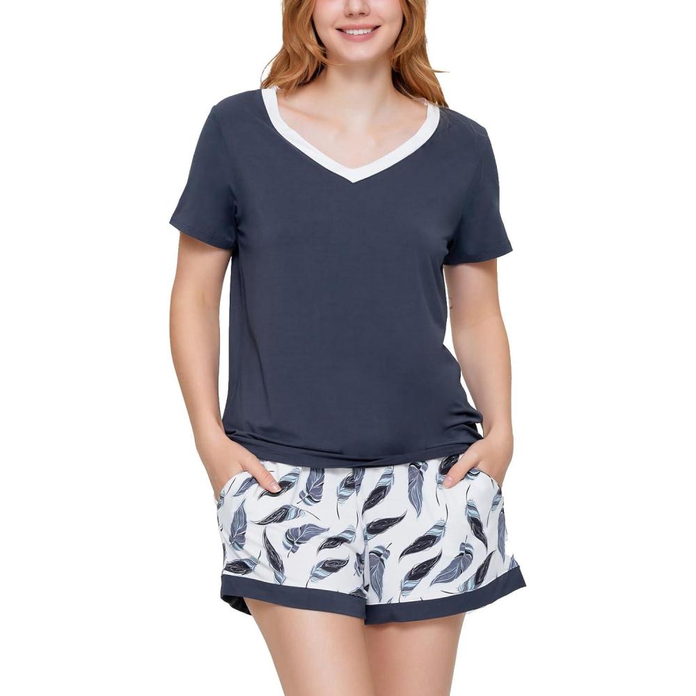 imageGYS Bamboo Viscose Pajamas for Women Set Soft Short Sleeve Top and Shorts Sleepwear Comfy Lightweight Lounge Pajama SetMidnight Blue