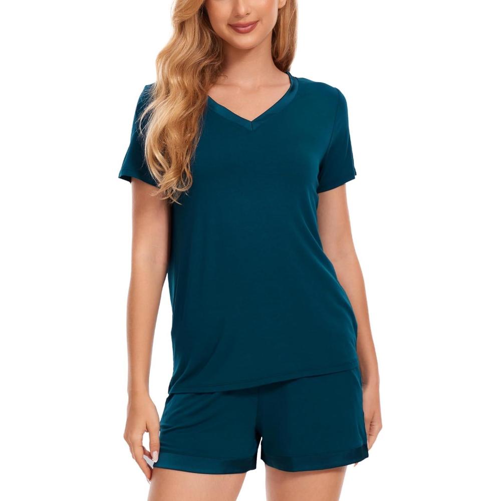 imageGYS Bamboo Viscose Pajamas for Women Set Soft Short Sleeve Top and Shorts Sleepwear Comfy Lightweight Lounge Pajama SetPeacock Blue