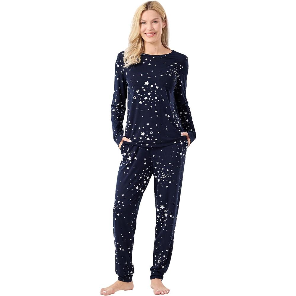 imageGYS Bamboo Viscose Sleep Sets for Women Long Sleeve Crew Neck Pajama Sets with PocketsBlue Stars