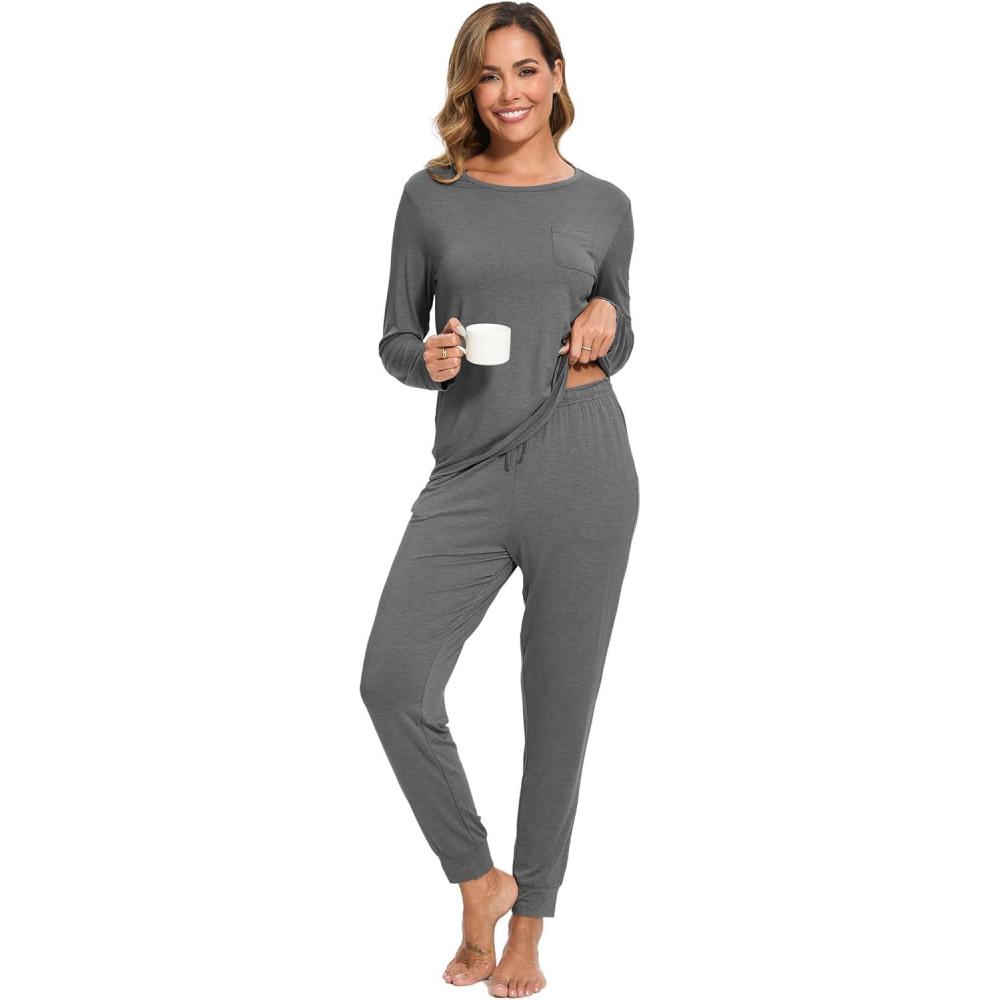 imageGYS Bamboo Viscose Sleep Sets for Women Long Sleeve Crew Neck Pajama Sets with PocketsDark Heather Grey