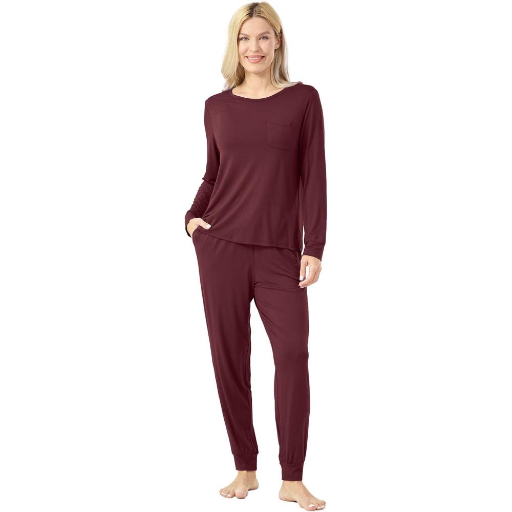 imageGYS Bamboo Viscose Sleep Sets for Women Long Sleeve Crew Neck Pajama Sets with PocketsFicus Red