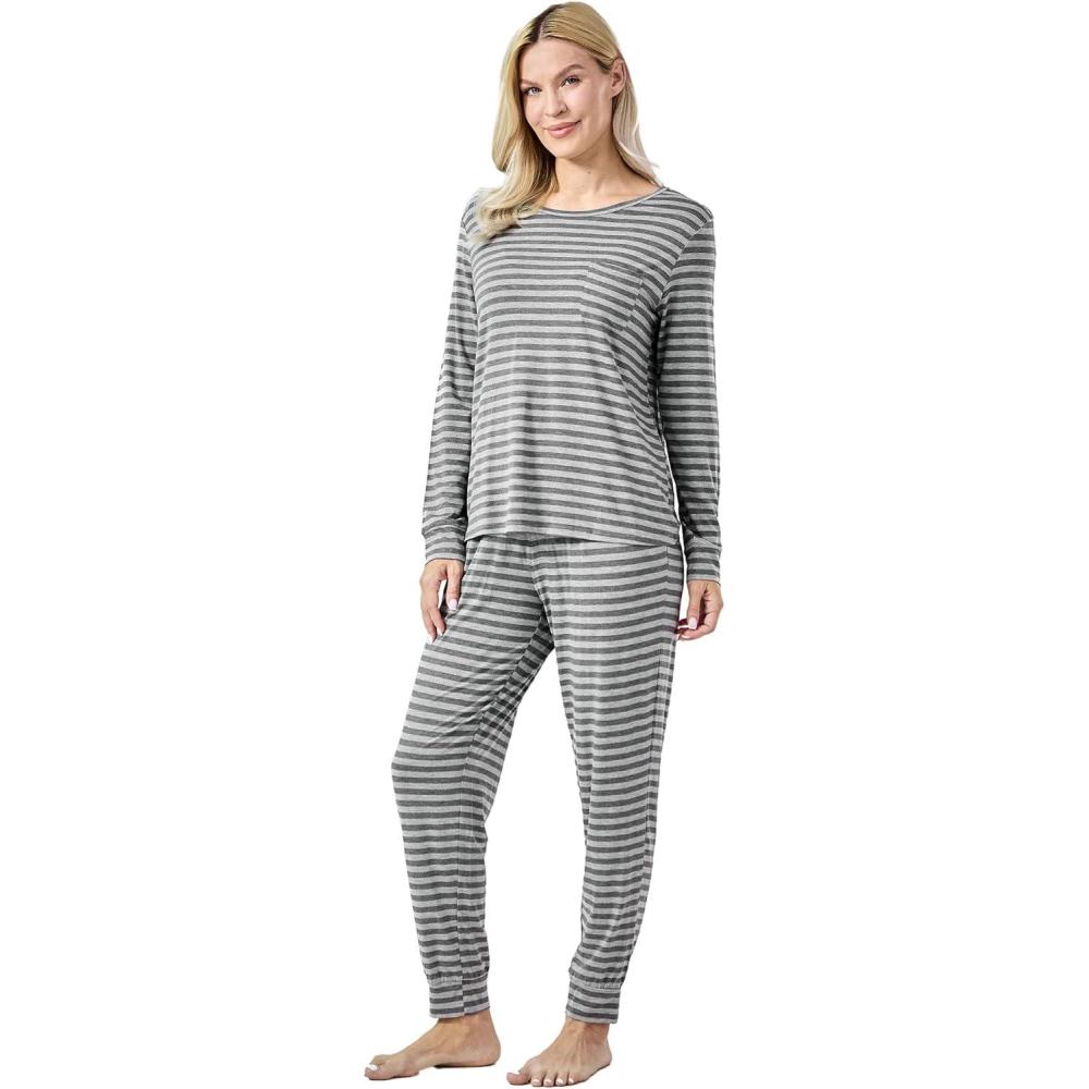 imageGYS Bamboo Viscose Sleep Sets for Women Long Sleeve Crew Neck Pajama Sets with PocketsHeather Grey Stripe