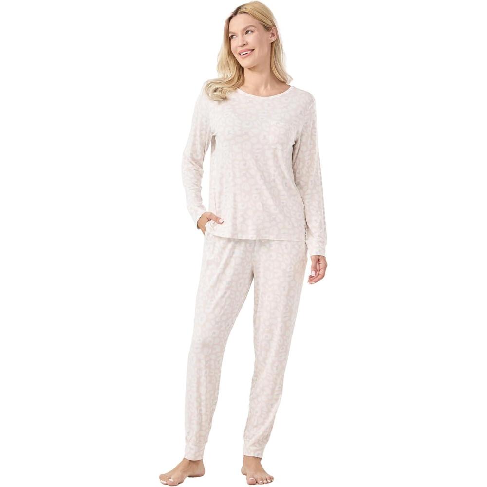 imageGYS Bamboo Viscose Sleep Sets for Women Long Sleeve Crew Neck Pajama Sets with PocketsOat Leopard