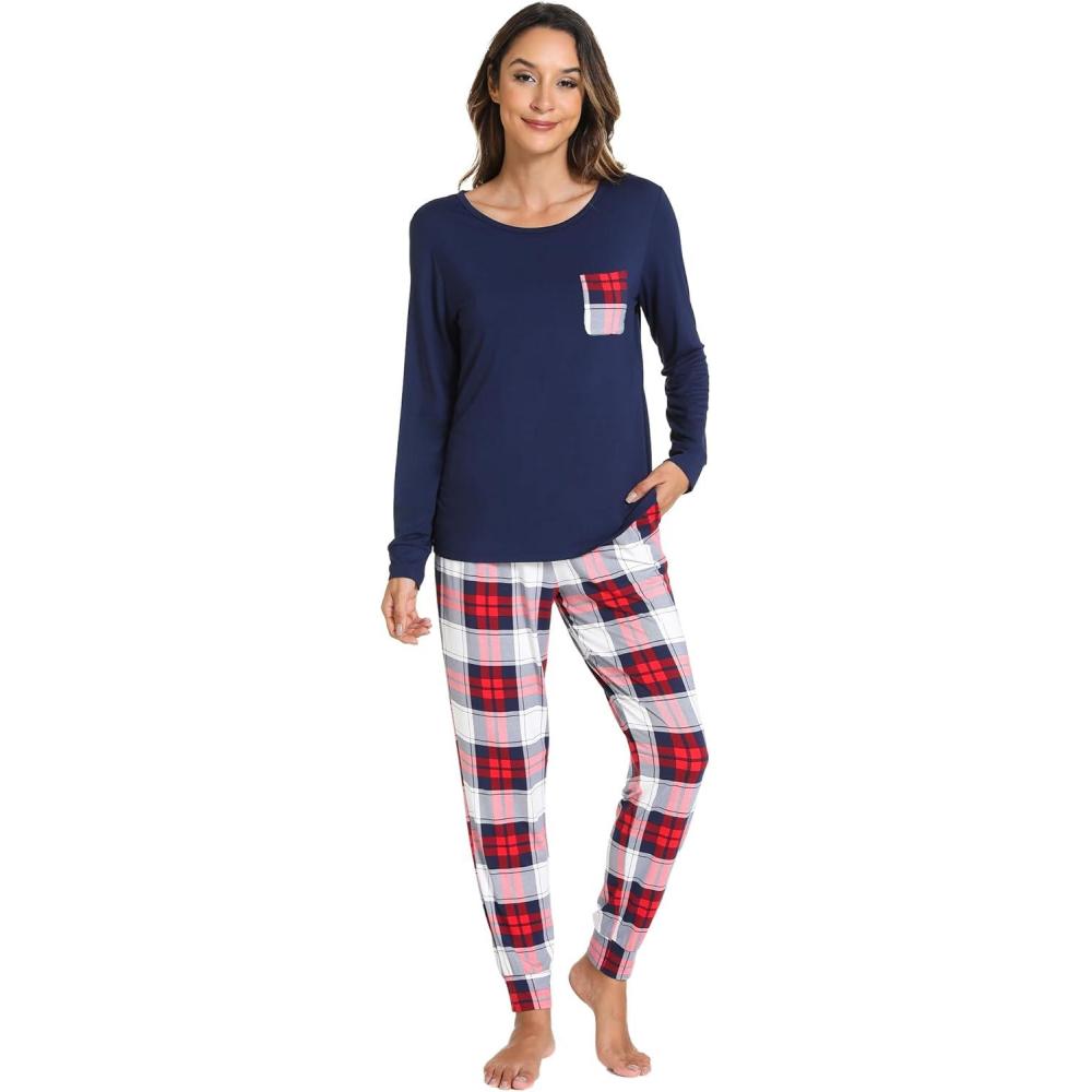 imageGYS Bamboo Viscose Sleep Sets for Women Long Sleeve Crew Neck Pajama Sets with PocketsWhite Red Plaid