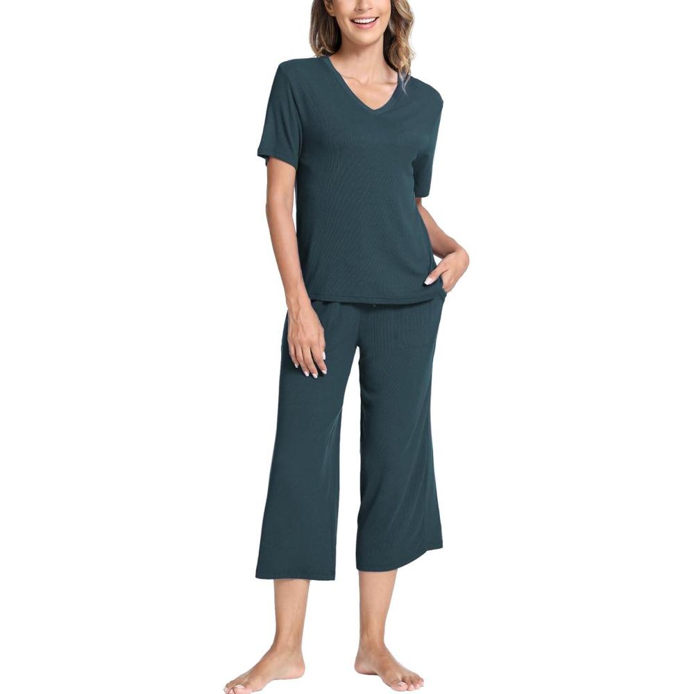 imageGYS Bamboo Viscose Sleep Sets for Women Short Sleeve VNeck Top and Capri Pants Pajama SetsInk Blue