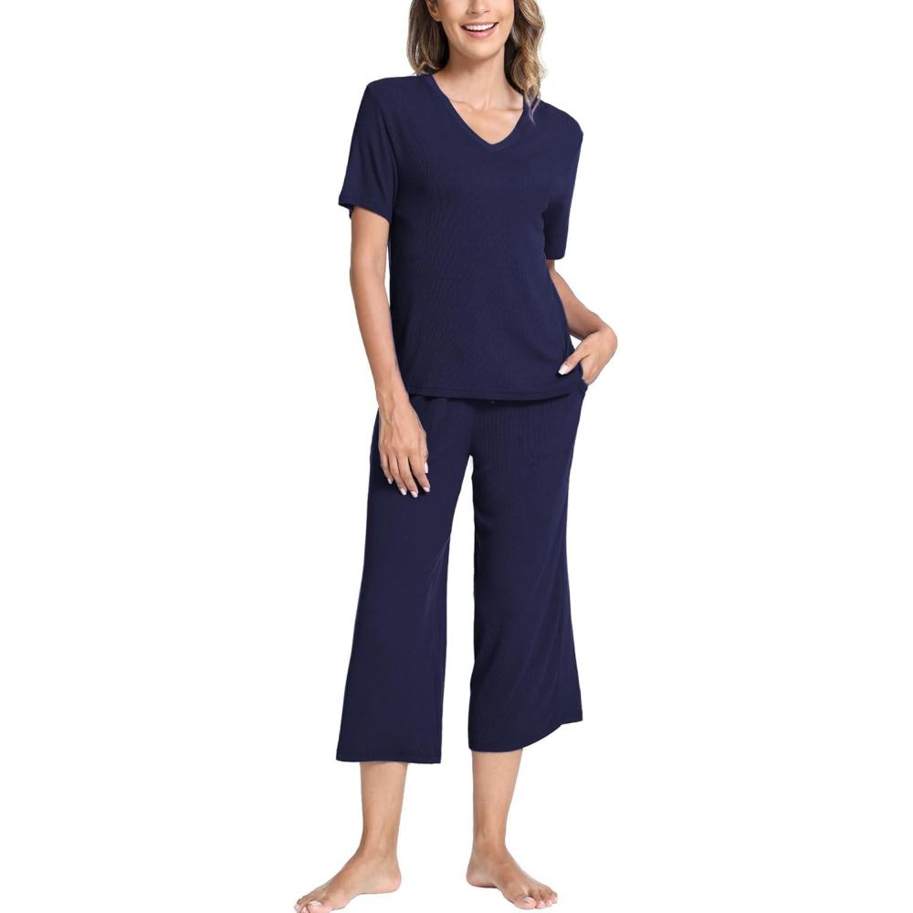 imageGYS Bamboo Viscose Sleep Sets for Women Short Sleeve VNeck Top and Capri Pants Pajama SetsNavy