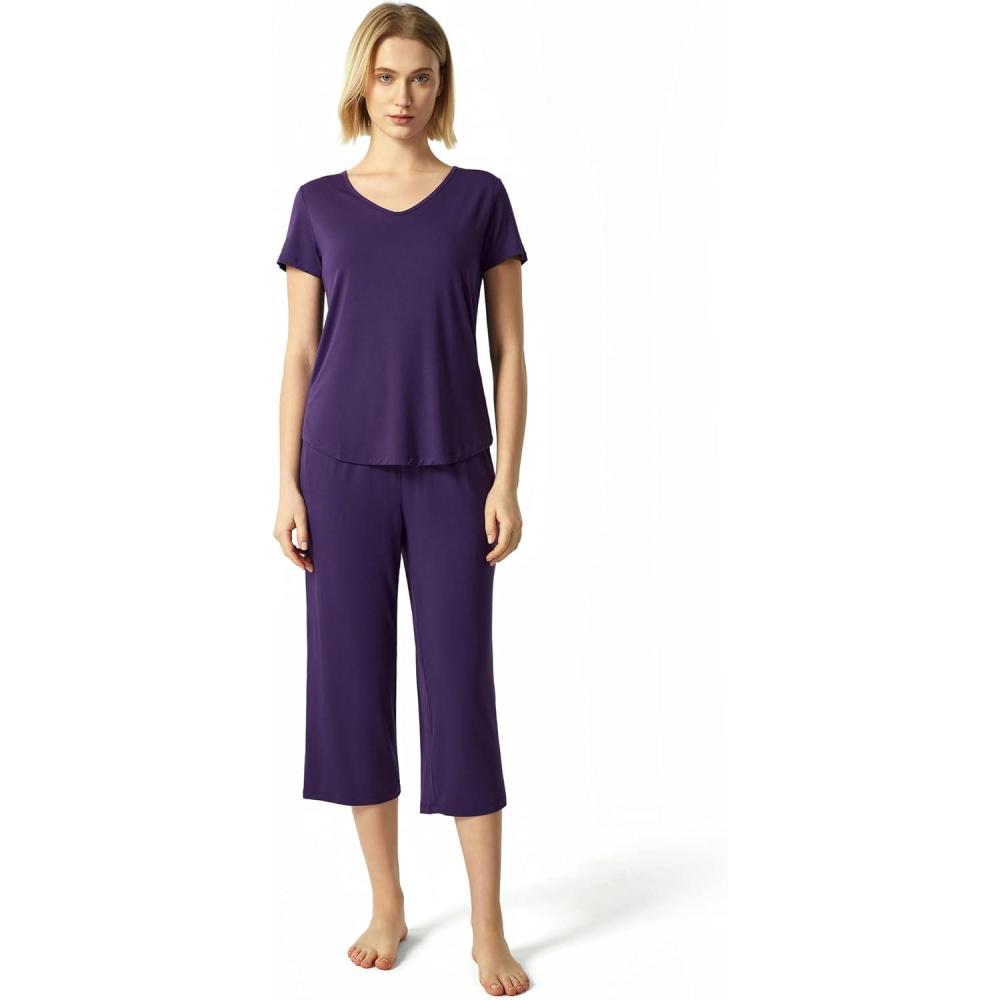 imageGYS Bamboo Viscose Women Pajama Sets Short Sleeve Top and Capri Pants 2 Piece Casual Lounge SetsDeep Purple