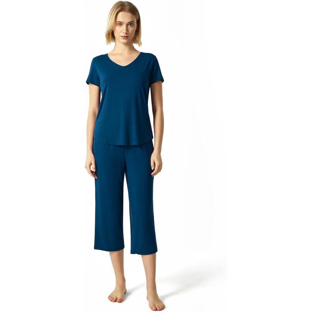 imageGYS Bamboo Viscose Women Pajama Sets Short Sleeve Top and Capri Pants 2 Piece Casual Lounge SetsInk Blue