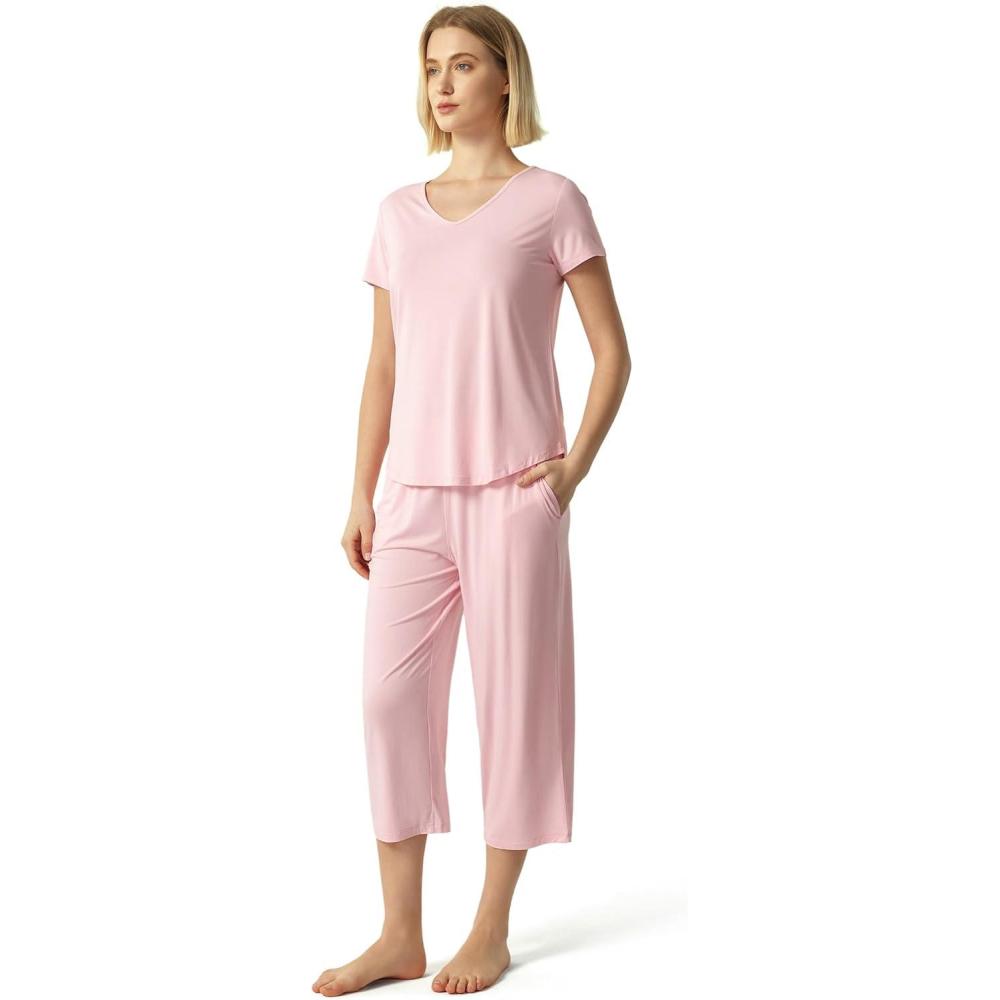 imageGYS Bamboo Viscose Women Pajama Sets Short Sleeve Top and Capri Pants 2 Piece Casual Lounge SetsPink