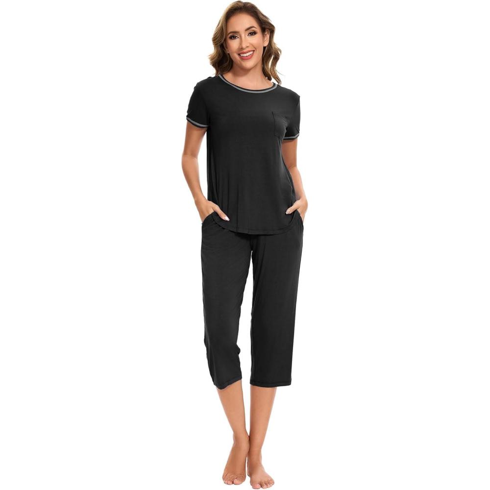 imageGYS Bamboo Viscose Womens Pajama Set 2 Piece Lounge Short Sleeve Capris PjsBlack