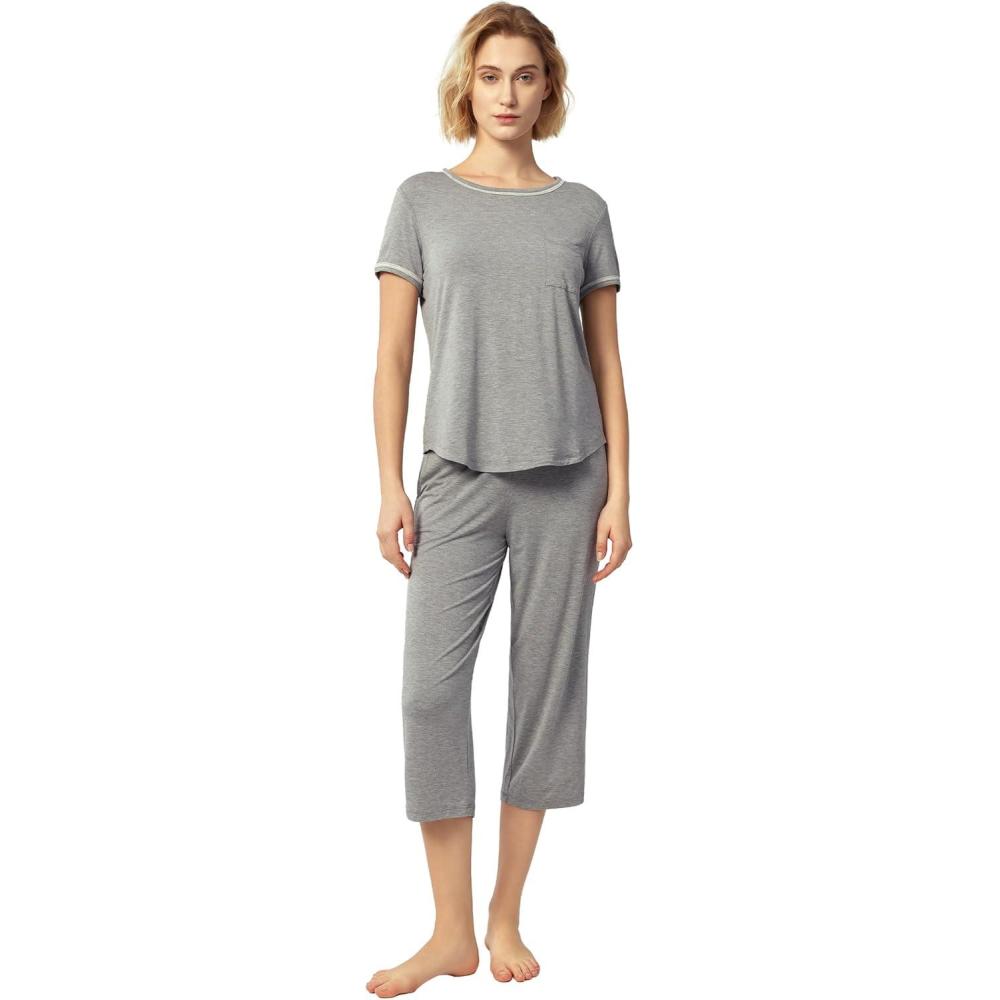 imageGYS Bamboo Viscose Womens Pajama Set 2 Piece Lounge Short Sleeve Capris PjsHeather Grey