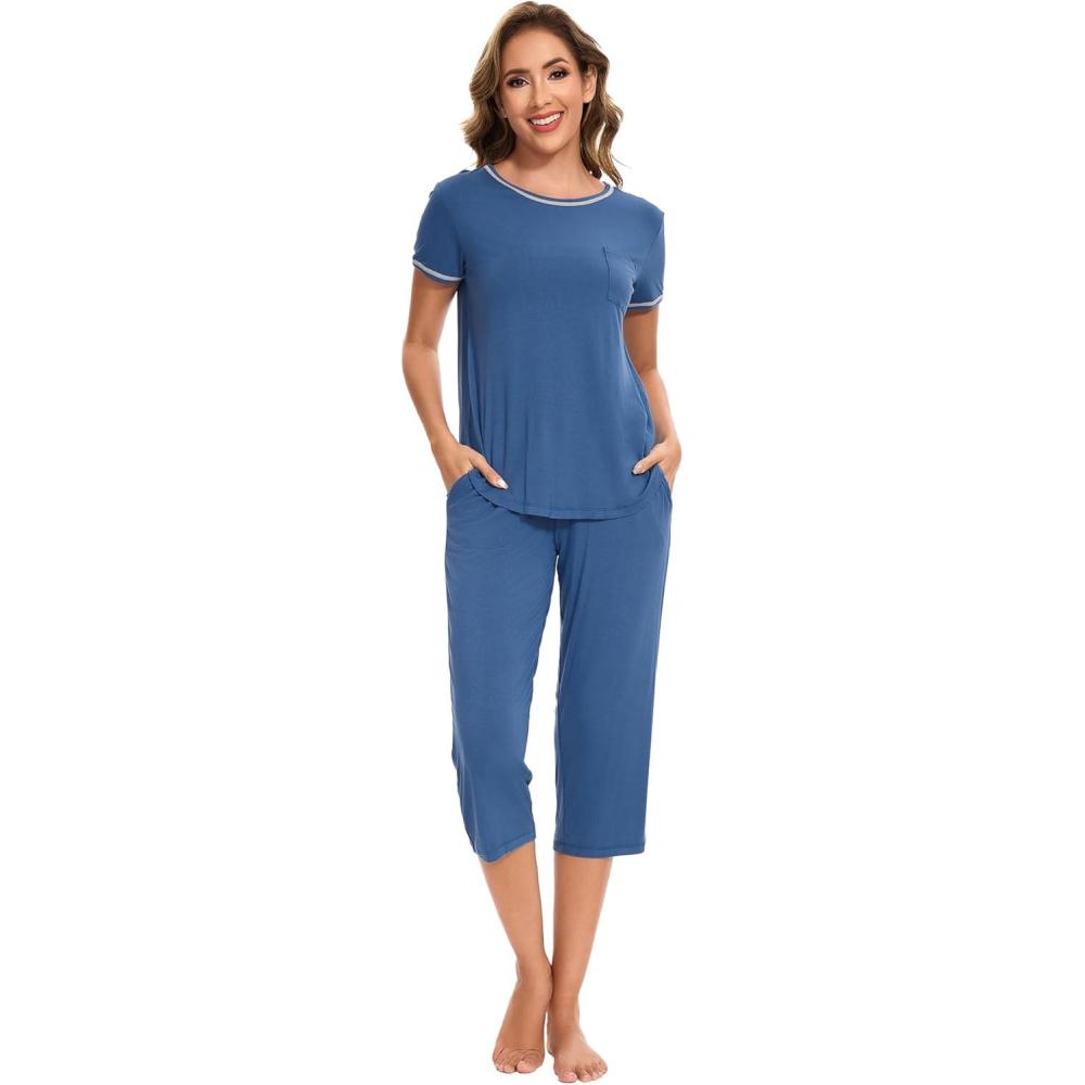 imageGYS Bamboo Viscose Womens Pajama Set 2 Piece Lounge Short Sleeve Capris PjsPrussian Blue