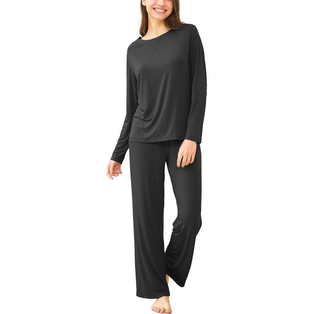 imageGYS Bamboo Viscose Womens Pajama Sets Crew Neck Long Sleeve SleepwearBlack