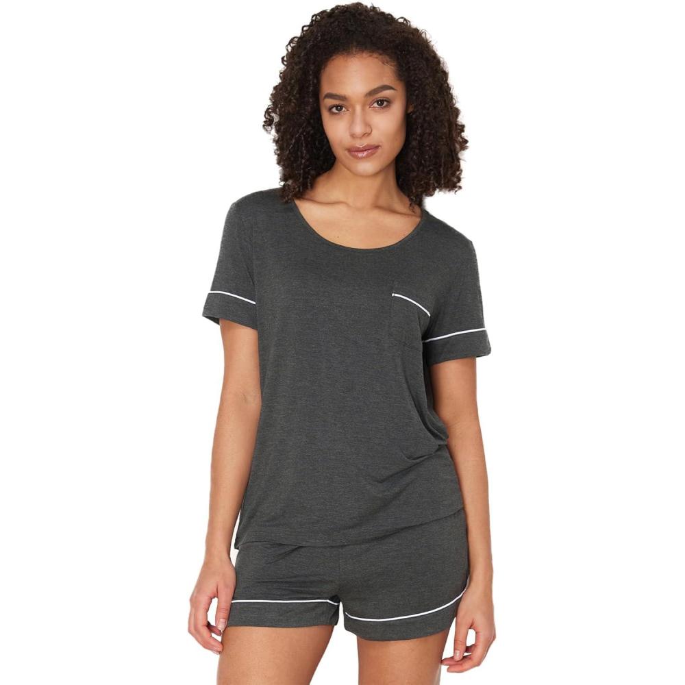 imageGYS Bamboo Viscose Womens Pajama Sets Short Sleeve Crew Neck 2 Piece Pajama Set for WomenBlack Melange