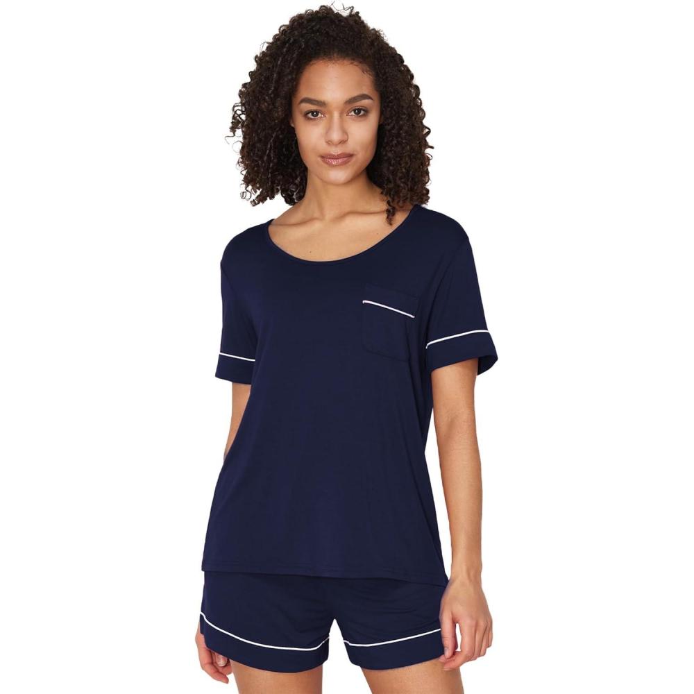 imageGYS Bamboo Viscose Womens Pajama Sets Short Sleeve Crew Neck 2 Piece Pajama Set for WomenNavy