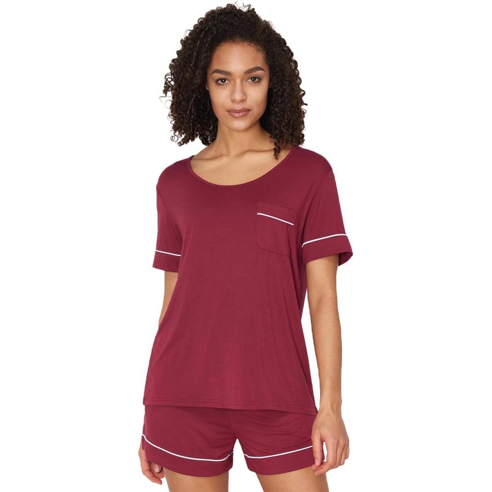 imageGYS Bamboo Viscose Womens Pajama Sets Short Sleeve Crew Neck 2 Piece Pajama Set for WomenWine Red