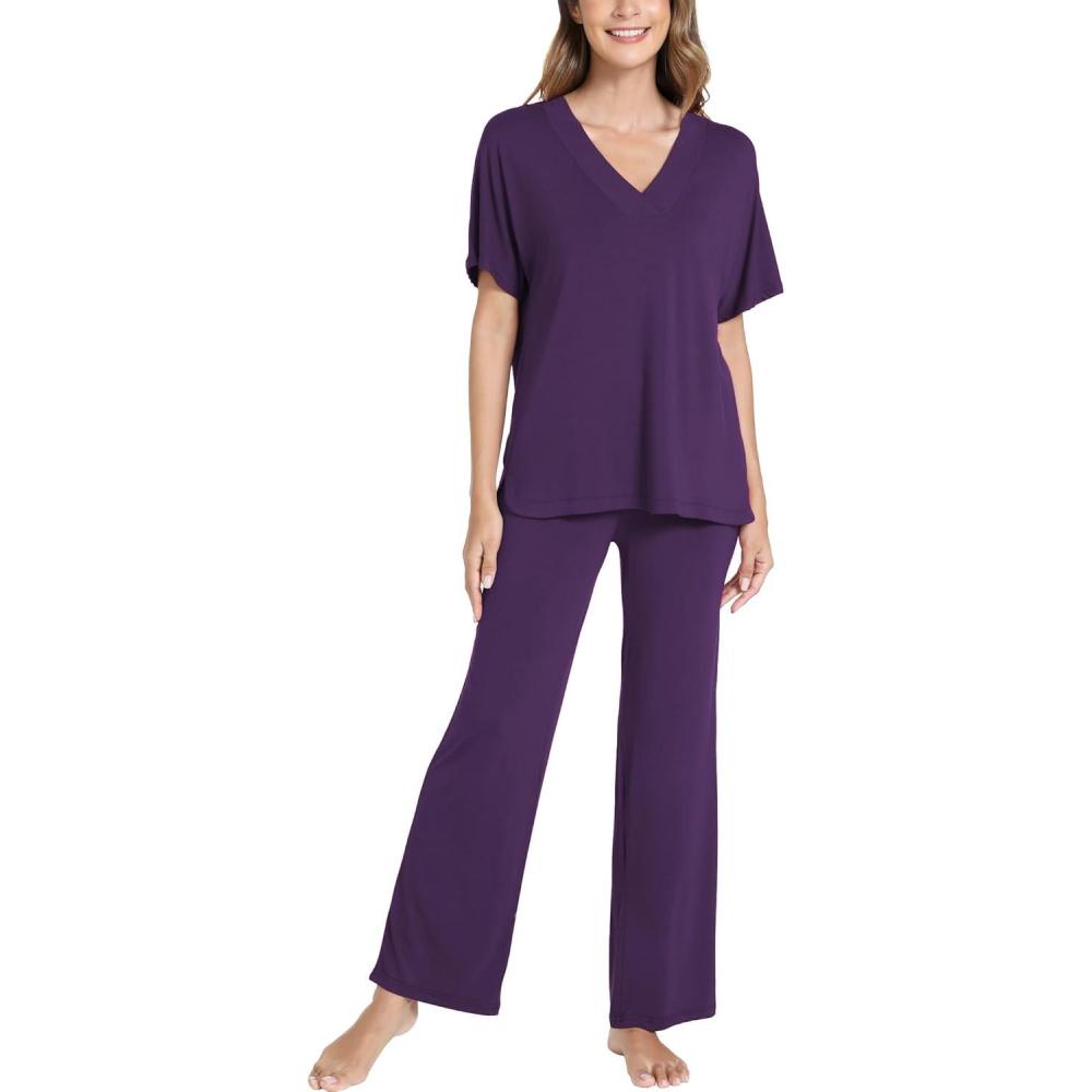 imageGYS Bamboo Viscose Womens Pajama Sets Short Sleeve VNeck Sleep Set with PocketsPurple