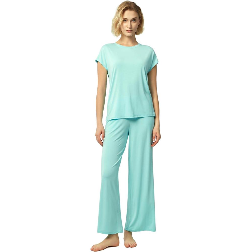 imageGYS Soft Bamboo Viscose Sleepwear for Women Short Sleeve 2 Piece Pajama SetsAqua