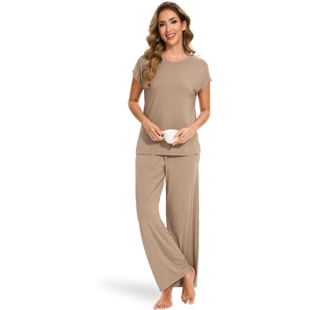 imageGYS Soft Bamboo Viscose Sleepwear for Women Short Sleeve 2 Piece Pajama SetsCamel