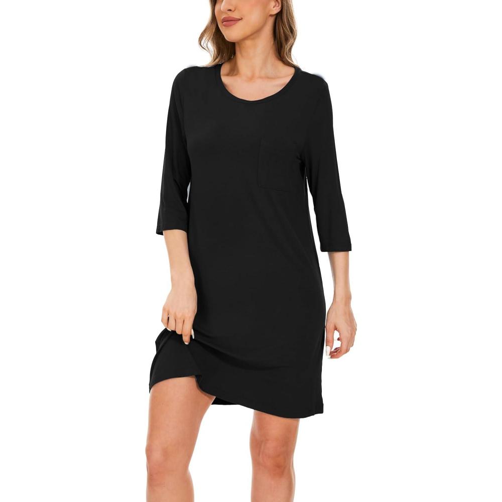 imageGYS Womens Bamboo Viscose Nightgowns Crewneck 34 Sleeve Sleepwear Comfy Night Shirt Sleep DressBlack