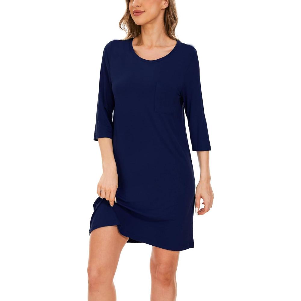 imageGYS Womens Bamboo Viscose Nightgowns Crewneck 34 Sleeve Sleepwear Comfy Night Shirt Sleep DressNavy