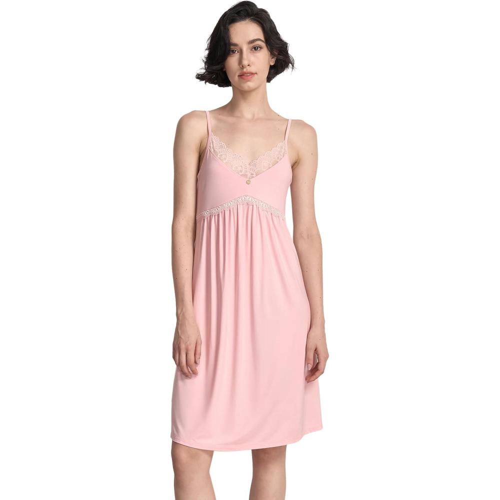 imageGYS Womens Full Slips Soft Bamboo Viscose Adjustable Spaghetti Straps Sleeveless NightgownsPink