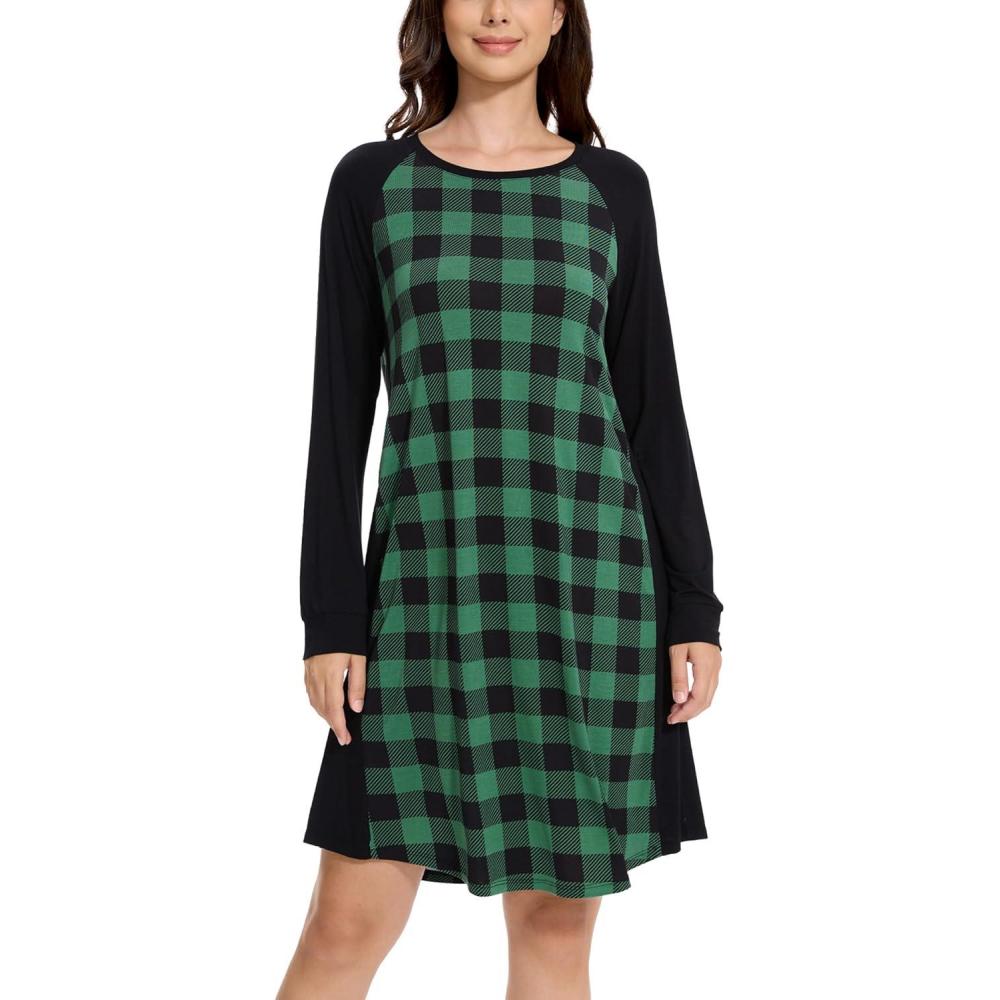 imageGYS Womens Long Sleeve Nightgowns Viscose from bamboo Sleepwear Soft Christmas Pajama DressGreen Plaid