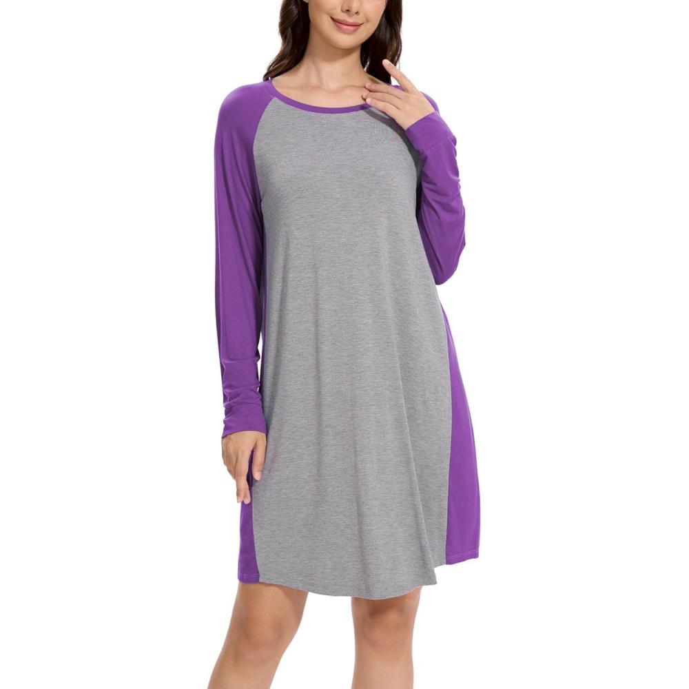 imageGYS Womens Long Sleeve Nightgowns Viscose from bamboo Sleepwear Soft Christmas Pajama DressHeather GreyLilac