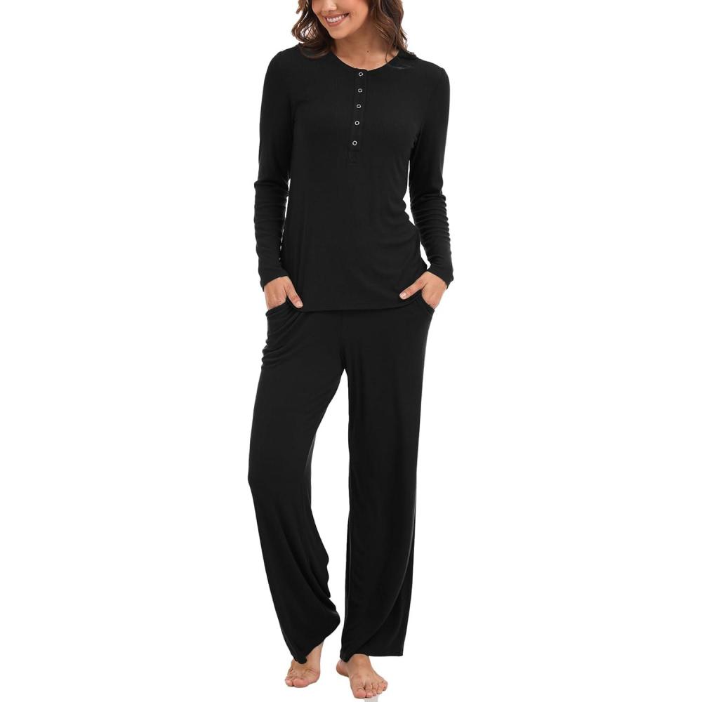 imageGYS Womens Long Sleeve Pajama Sets Soft Breathable Fabric NursingFriendly Buttons CoolTouch Bamboo ViscoseBlack
