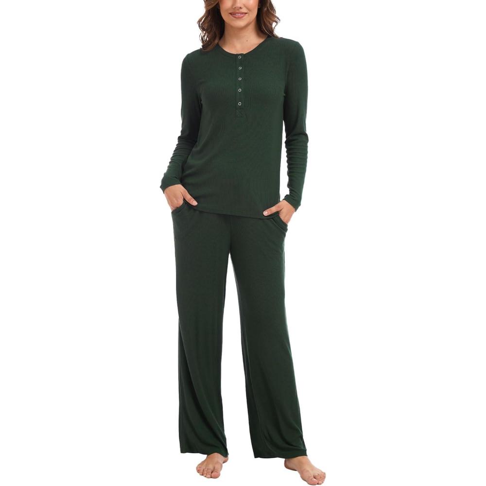 imageGYS Womens Long Sleeve Pajama Sets Soft Breathable Fabric NursingFriendly Buttons CoolTouch Bamboo ViscoseDeep Green
