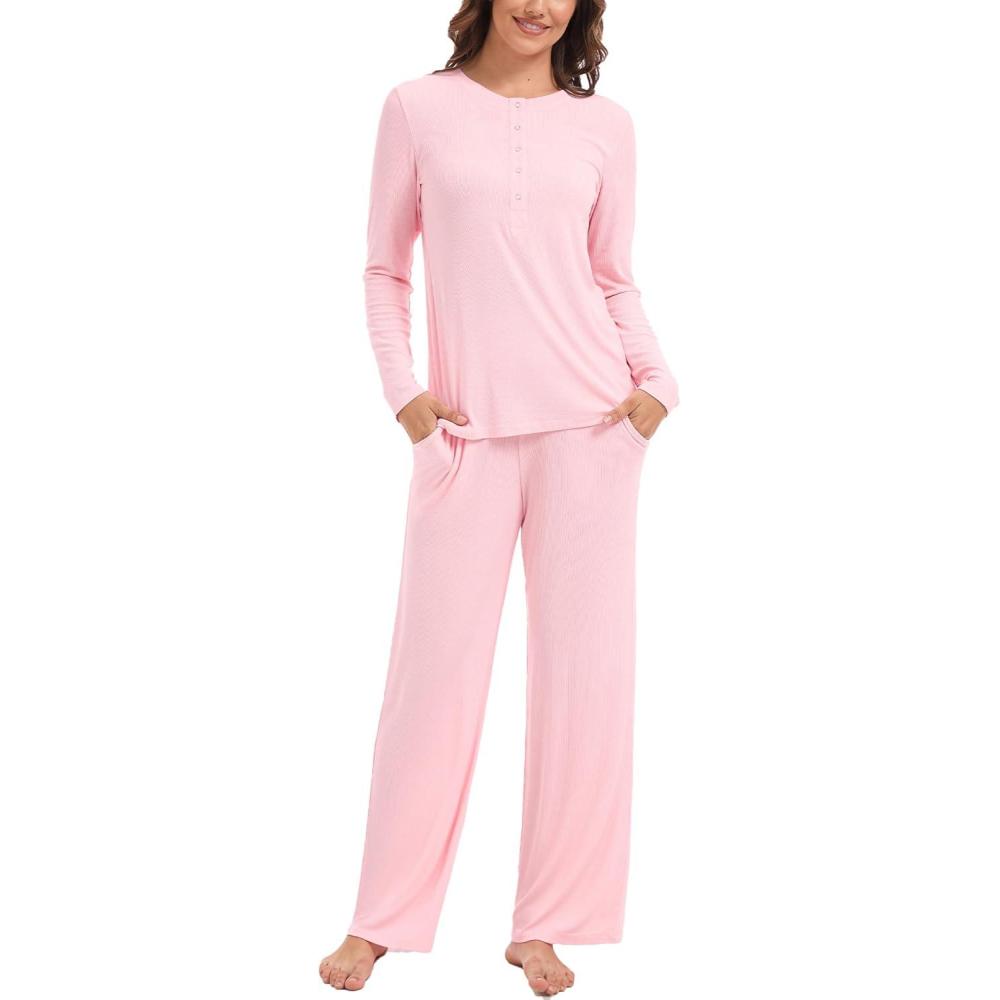 imageGYS Womens Long Sleeve Pajama Sets Soft Breathable Fabric NursingFriendly Buttons CoolTouch Bamboo ViscosePink